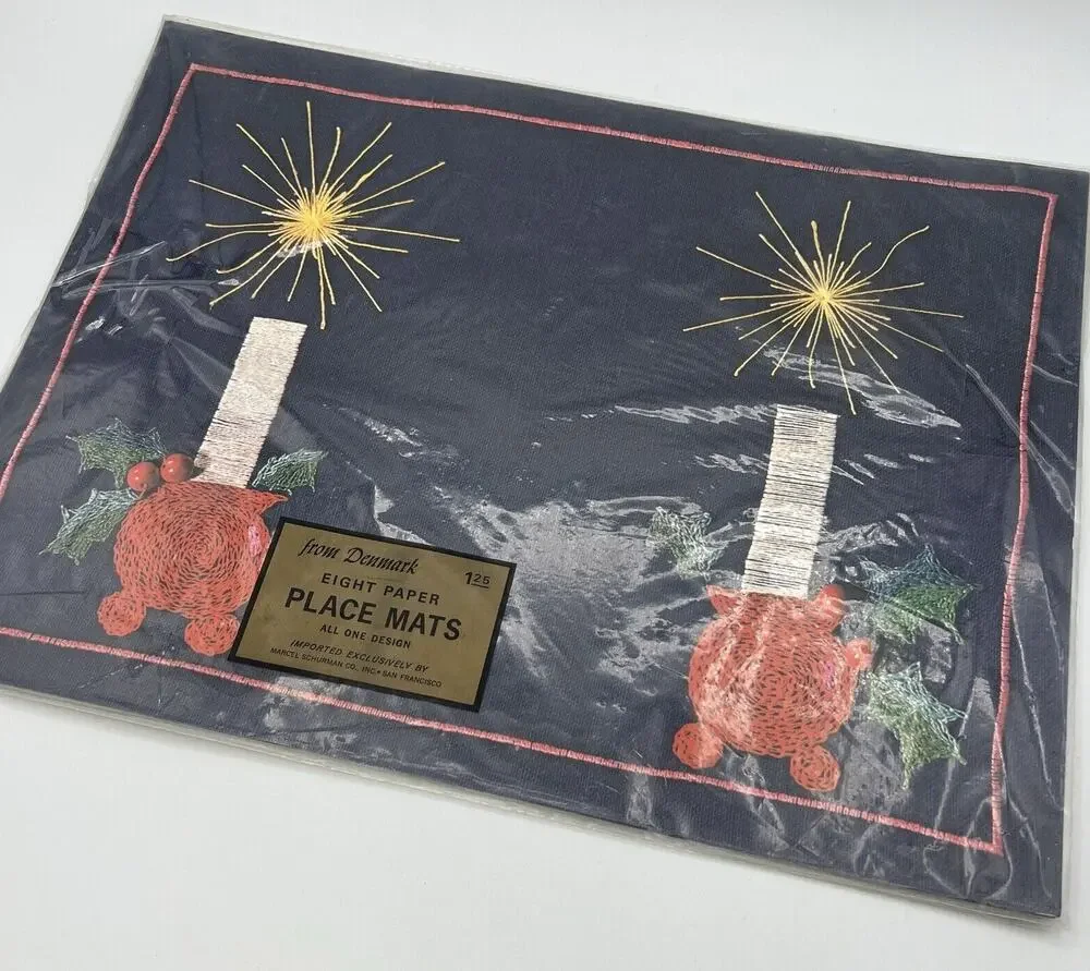 Set 16 Vtg Christmas Placemats Candles MCM Denmark Scandanavian Holly 16
